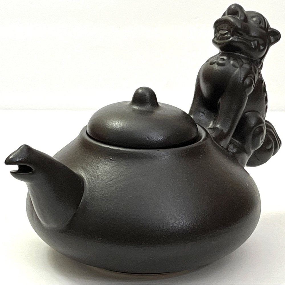 Ceramic Monochrome Teapot W. Foo Dog Handle, Yixing Style By Bombay Co.- Vintage